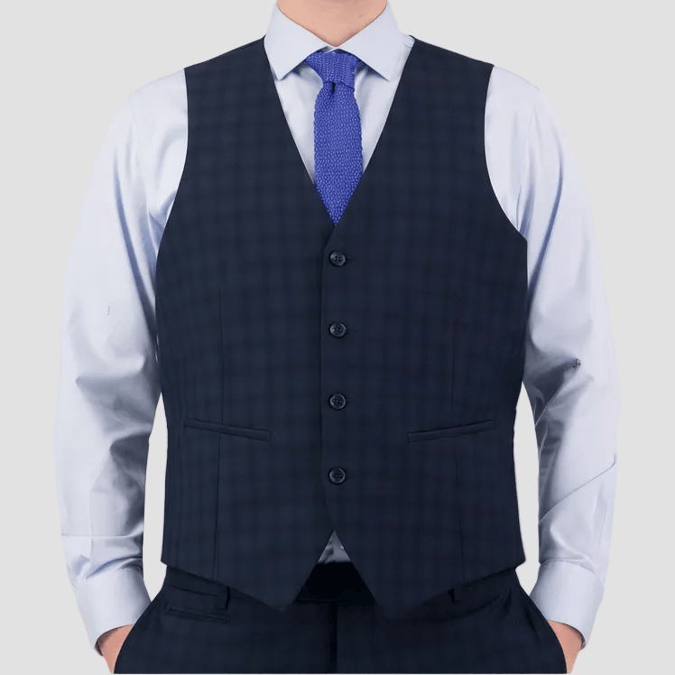 Sophisticated slim‑fit navy‑check vest by Bruton, crafted with performance finish and tailored details.