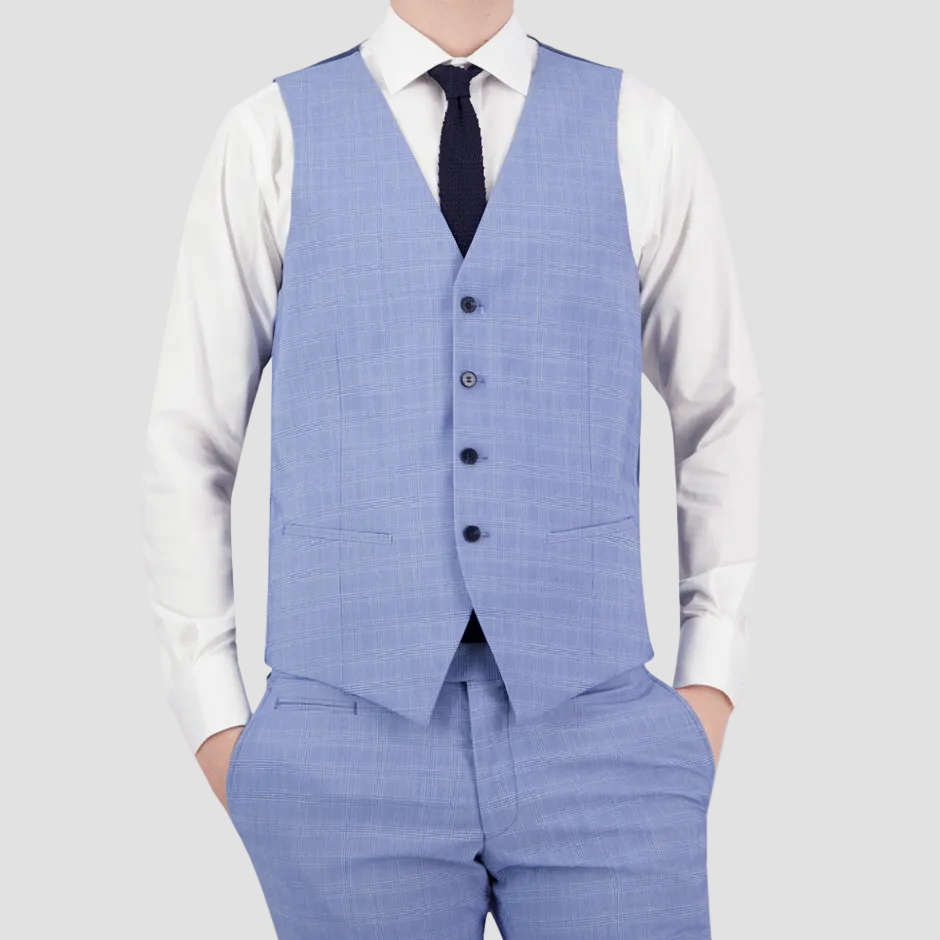 Saul Jadestone slim fit vest in Sky—clean lines, four‑button front and a sleek performance finish.