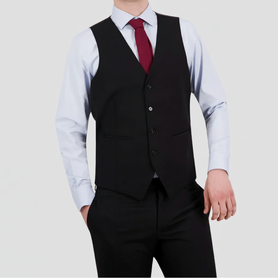 Bruton’s Saul Keystone slim‑fit vest—four‑button design, angled pockets, and seamless pairing with Bruton suits.