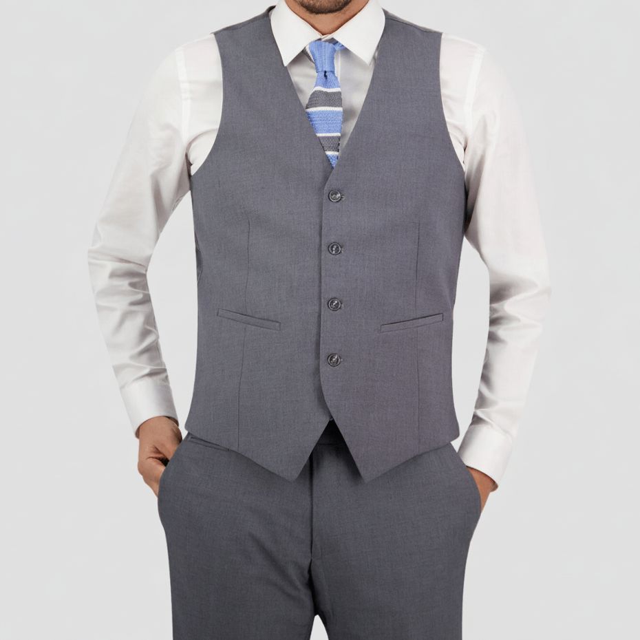 Slim‑fit grey Keystone vest by Bruton with four‑button front and silver marl texture. 