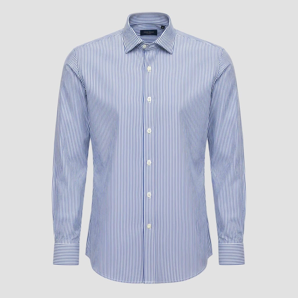 Blue and white striped dress shirt on a light gray background