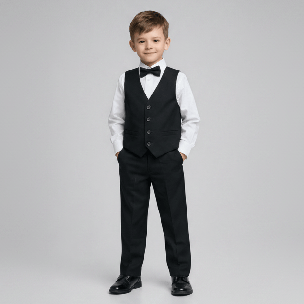 Kids black vest with four‑button front, adjustable belt and ticket pockets.