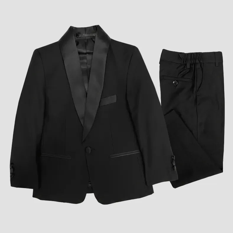 Christian Brookes Kid's Shawl Lapel Tuxedo in black with satin trim and comfort stretch.