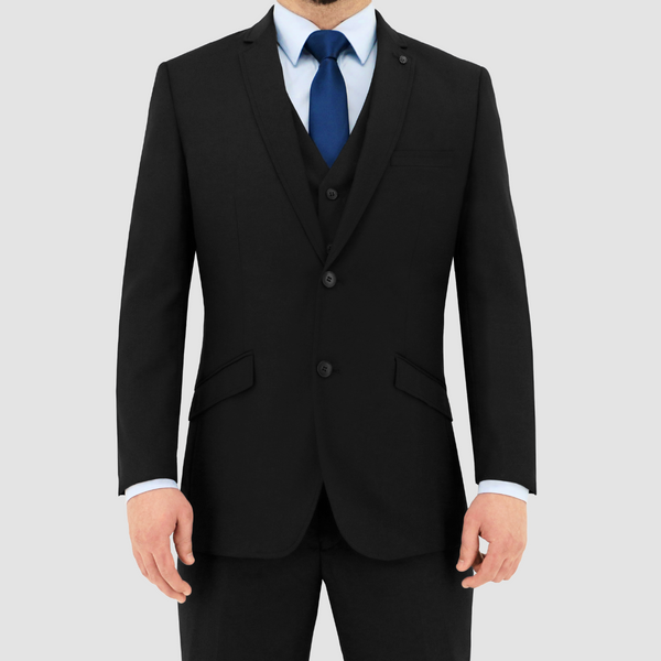 Front view of the Christian Brookes Slim Fit Bond Suit in Black Long