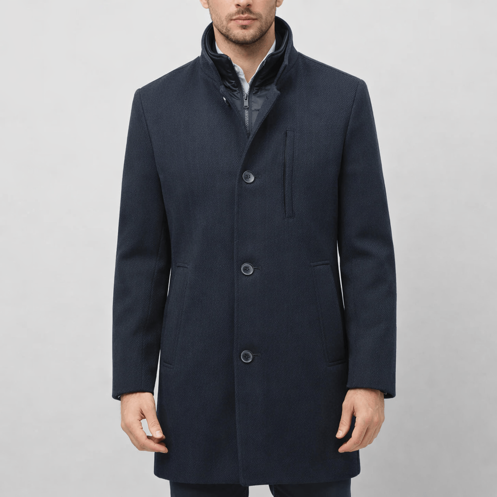 Christian Brookes Charles Navy Coat, removable vest, tailored fit, and classic single-breasted design for winter.