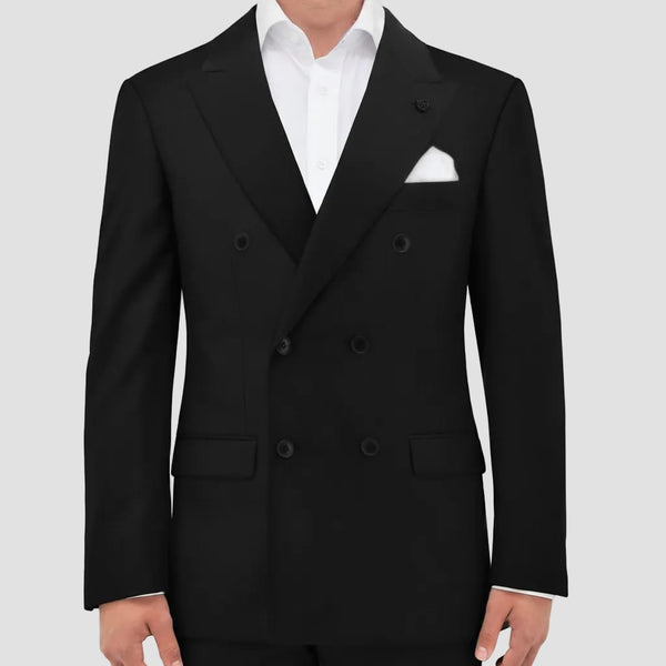 Christian Brookes slim‑fit black double‑breasted jacket with peak lapel, flap pockets and stretch comfort.