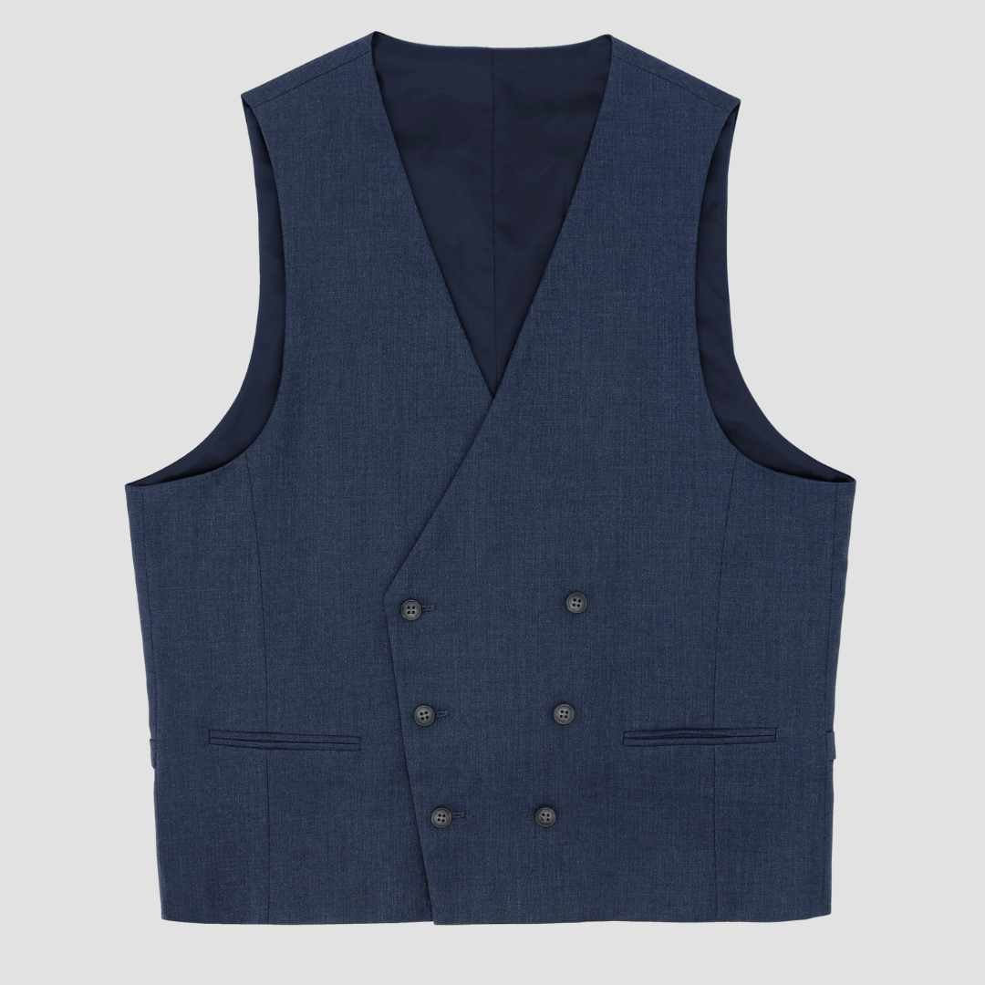 A blue slim fit vest with double‑breasted styling and jetted pockets.