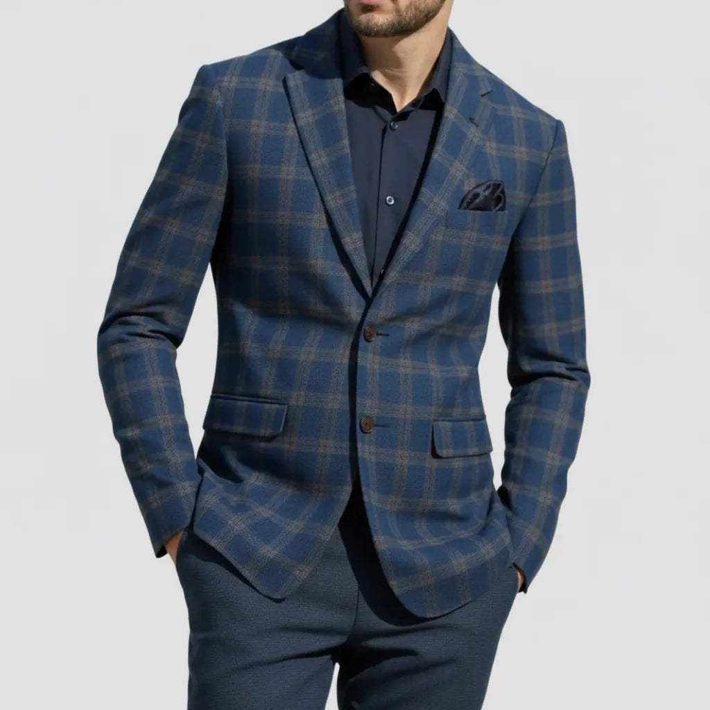 Genoa slim‑fit navy check jacket with notch lapel, patch pockets and side vents.