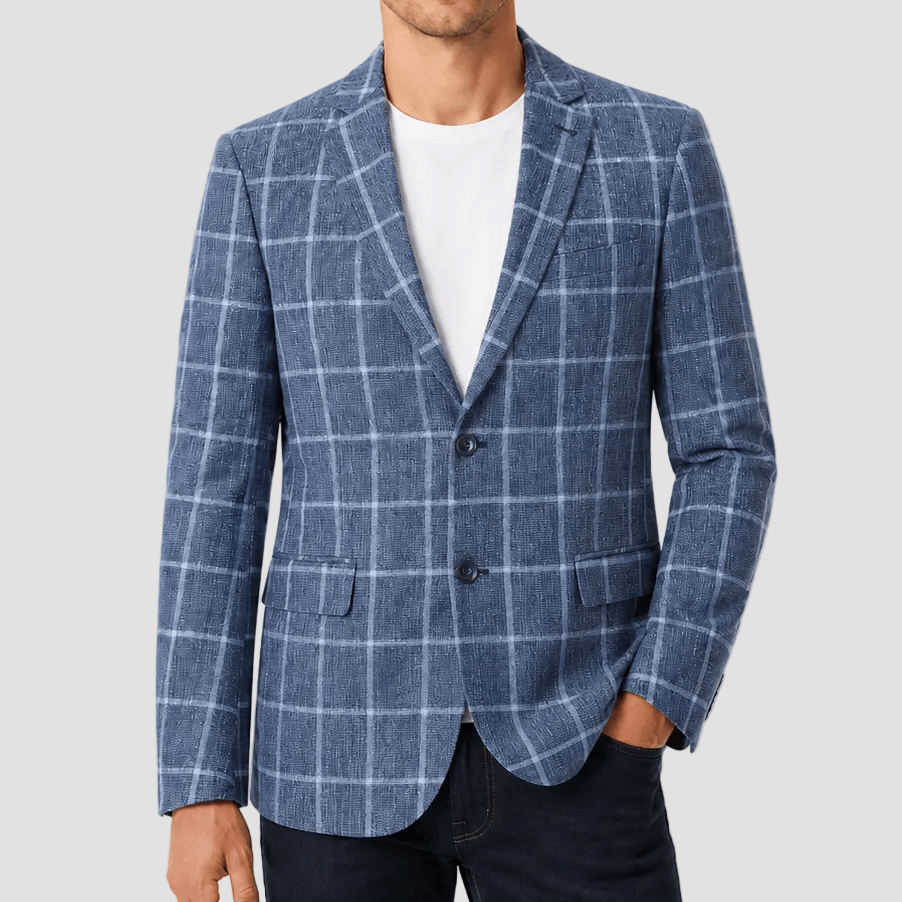 Jasper slim‑fit blue check jacket with notch lapel, patch pockets and side vents.