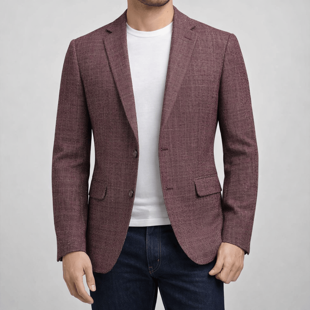 Jasper slim‑fit burgundy jacket with notch lapel, flap pockets and side vents.