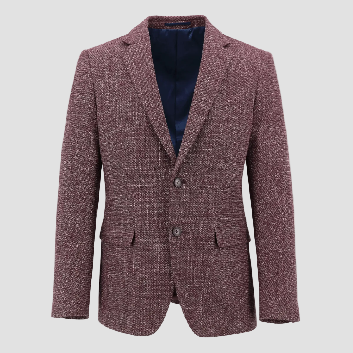 Jasper slim‑fit burgundy jacket with notch lapel, flap pockets and side vents.
