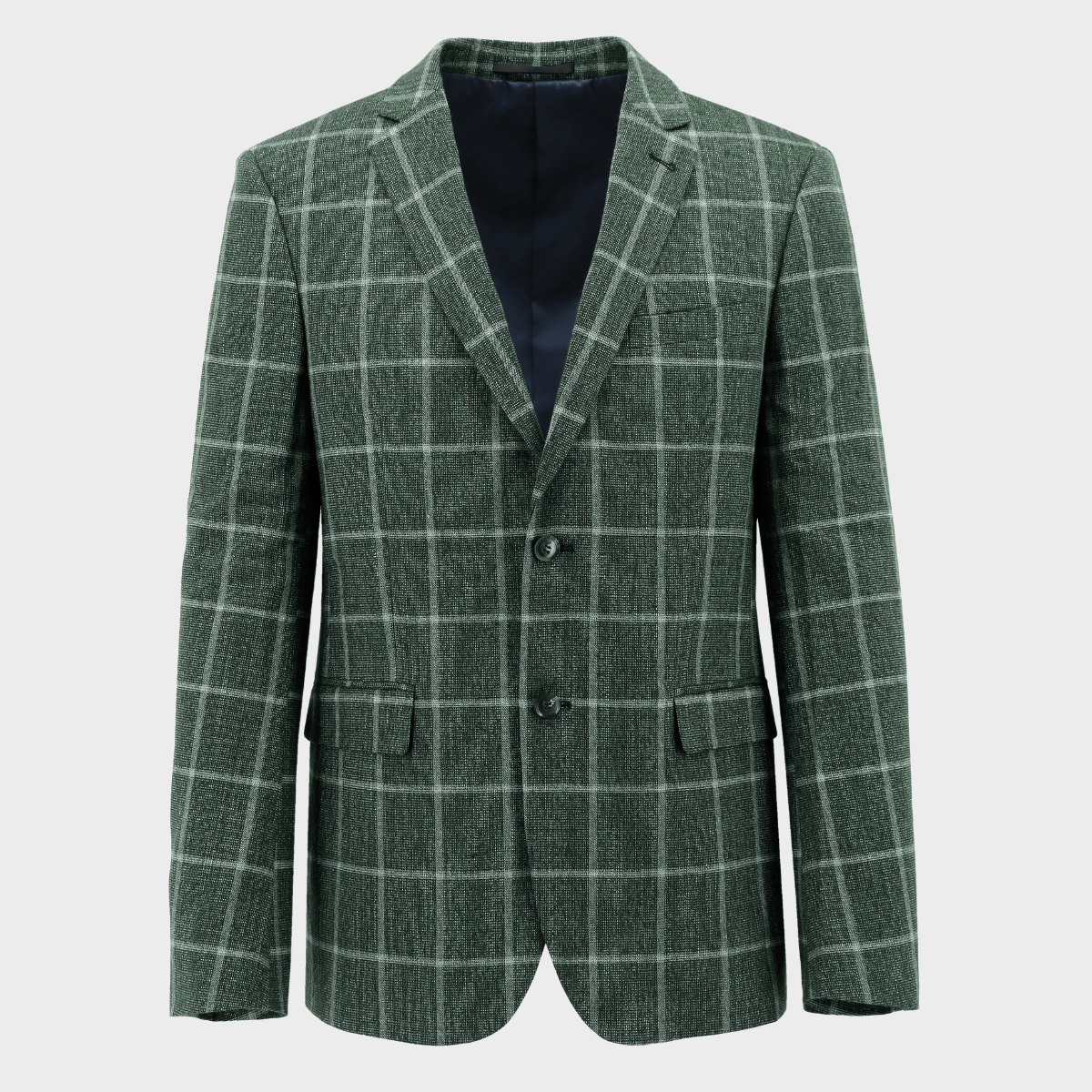 Jasper slim‑fit green check jacket with notch lapel, flap pockets and side vents.