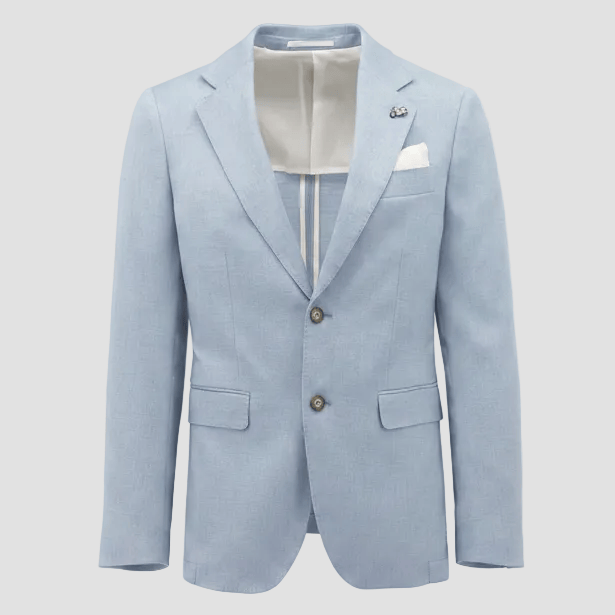 Christian Brookes Lang slim‑fit blue jacket with notch lapel, patch pockets and ticket pocket. 