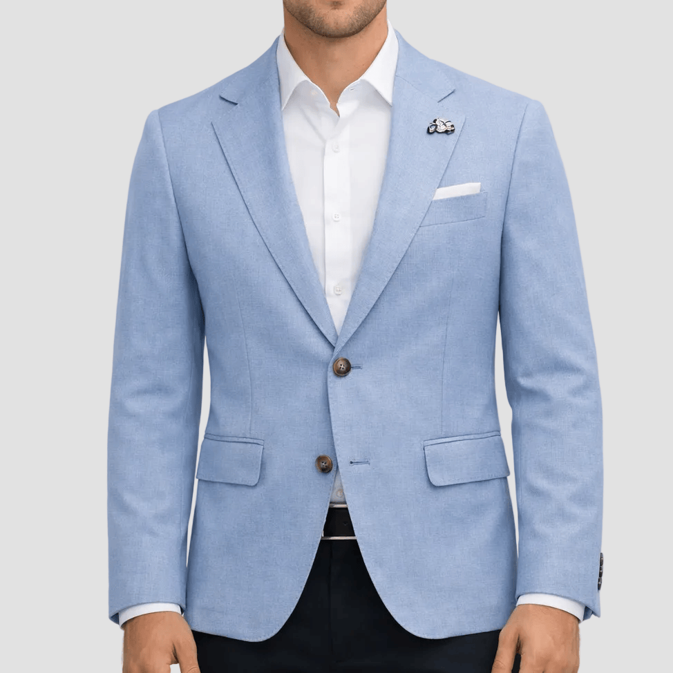 Christian Brookes Lang slim‑fit blue jacket with notch lapel, patch pockets and ticket pocket. 