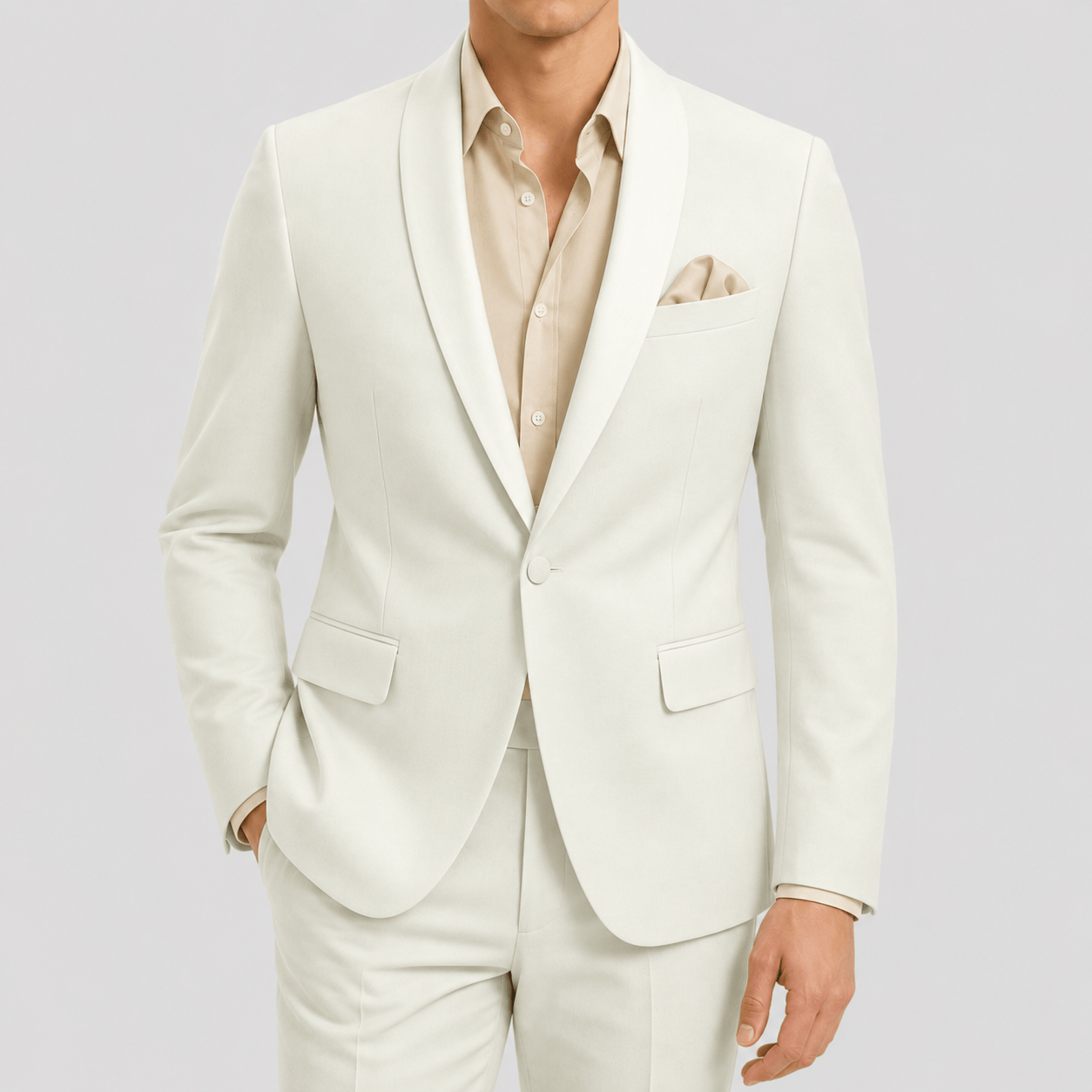 Christian Brookes white evening jacket with satin shawl lapel, single‑breasted front and jetted pockets.