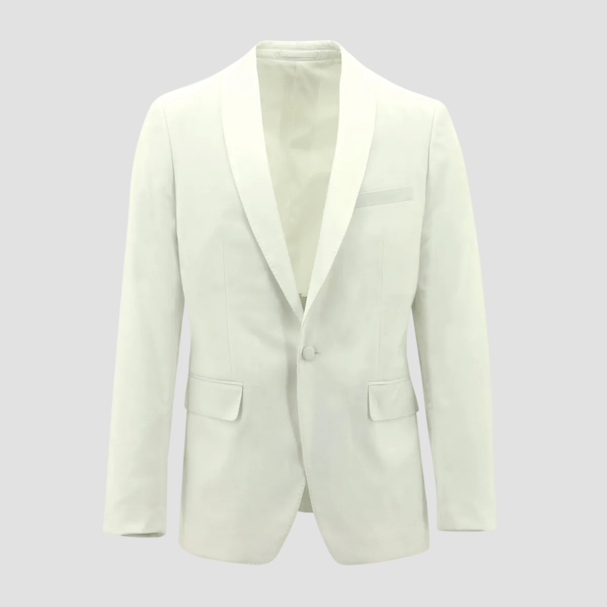 Christian Brookes white evening jacket with satin shawl lapel, single‑breasted front and jetted pockets.
