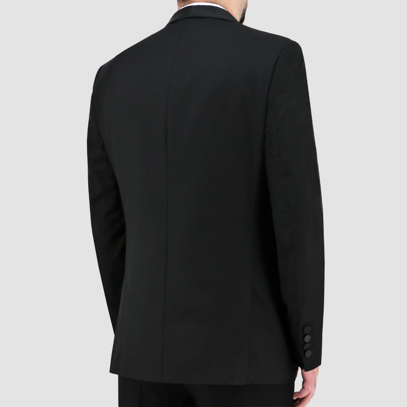 Back view of the Christian Brookes Slim Fit Shawl Evening Suit in Black