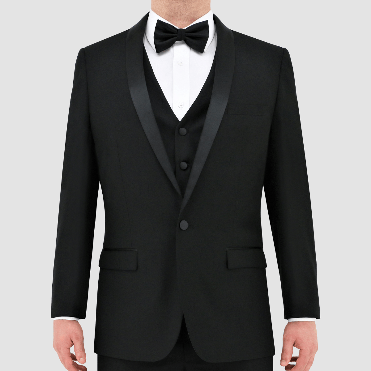 Front view of the Christian Brookes Slim Fit Shawl Evening Suit in Black