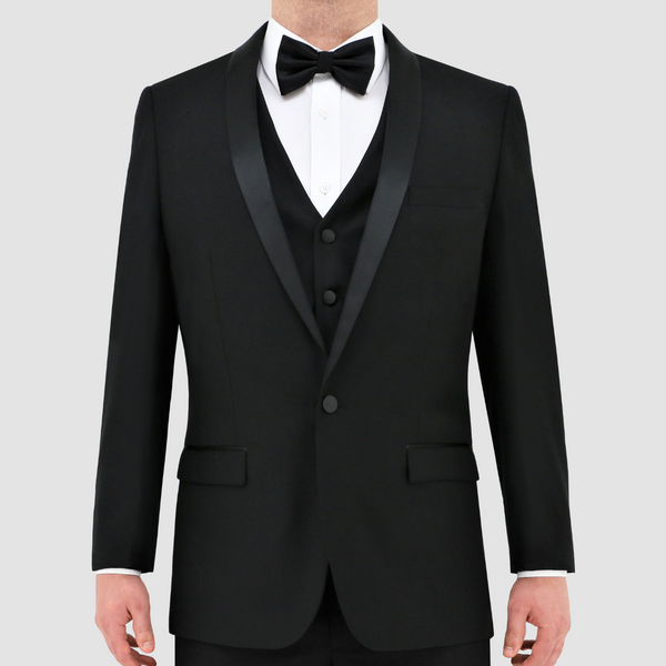 Front view of the Christian Brookes Slim Fit Shawl Evening Suit in Black