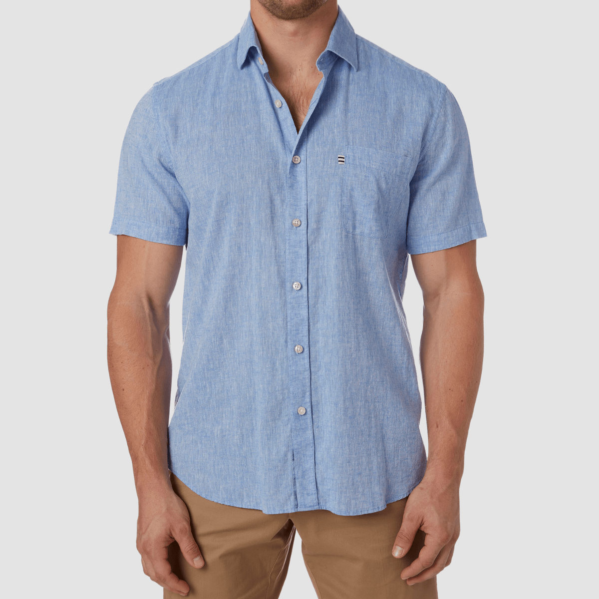 City Club Vacay Short Sleeve Shirt in Chambray Blue Linen