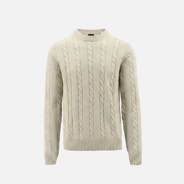 Beige cable knit sweater on a white background