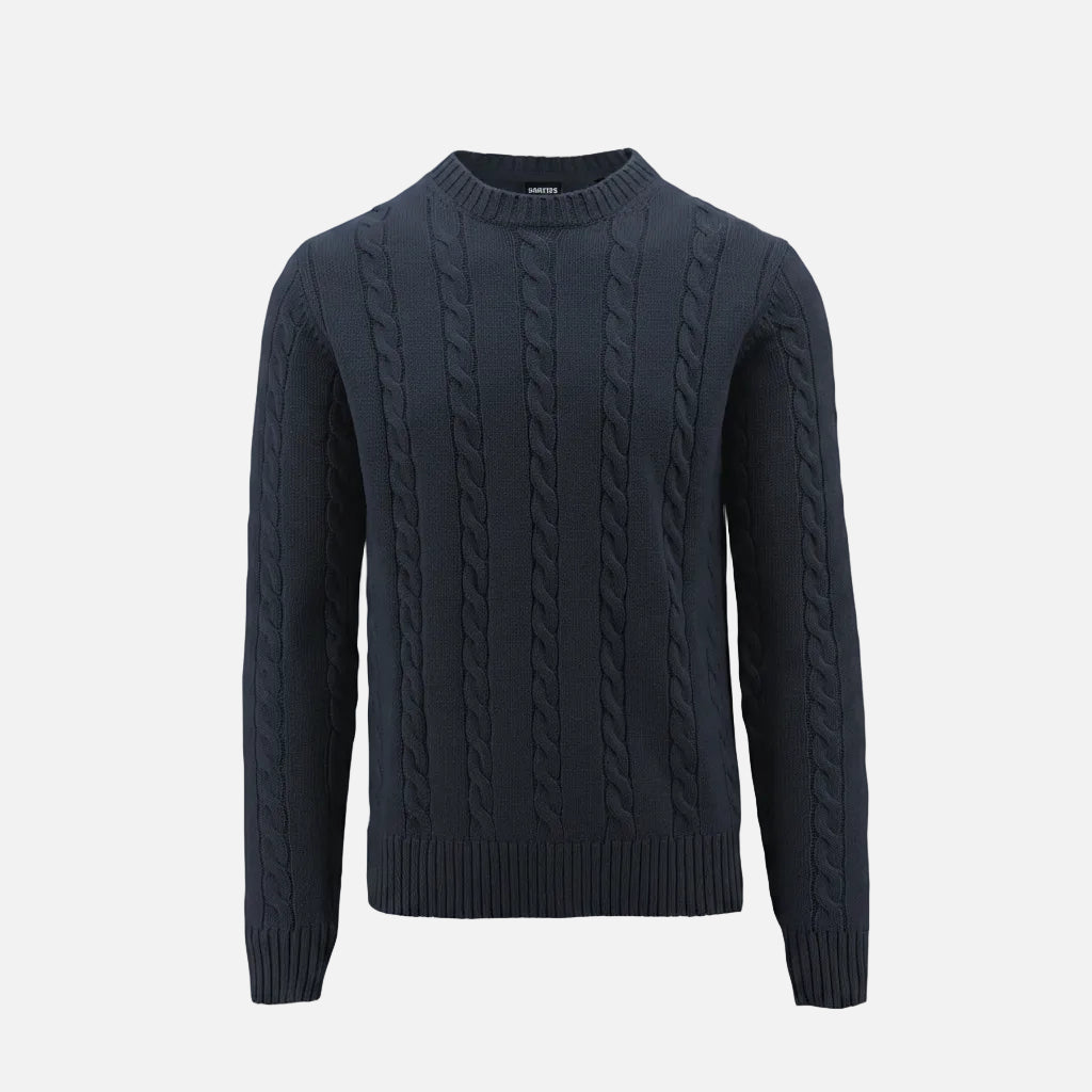 Navy blue cable knit sweater on a white background