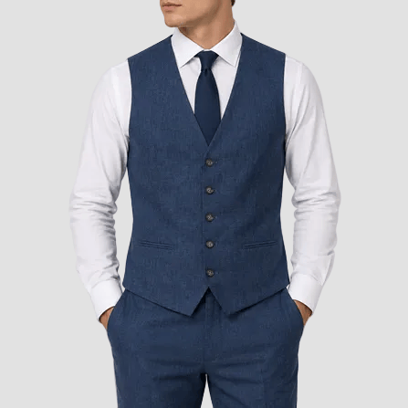 Slim fit linen cotton stretch Ryan Vest with breathable comfort and a fresh blue tone.