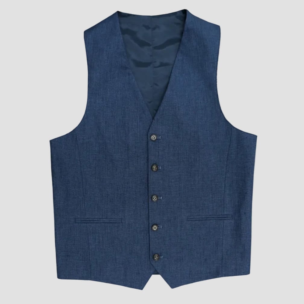 Slim fit linen cotton stretch Ryan Vest with breathable comfort and a fresh blue tone.