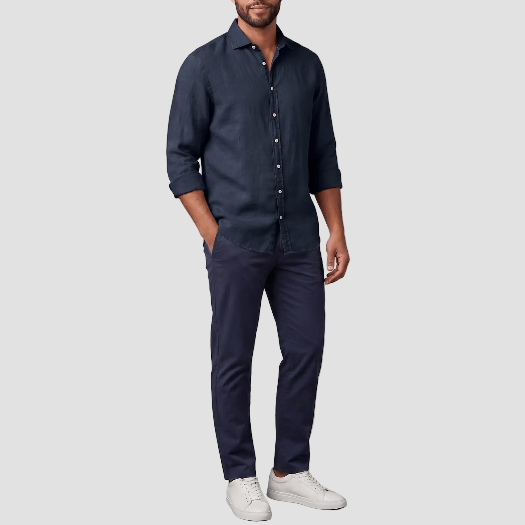 Daniel Hechter Men's Slim Fit Sel Shirt in Navy, made from a linen cotton blend.