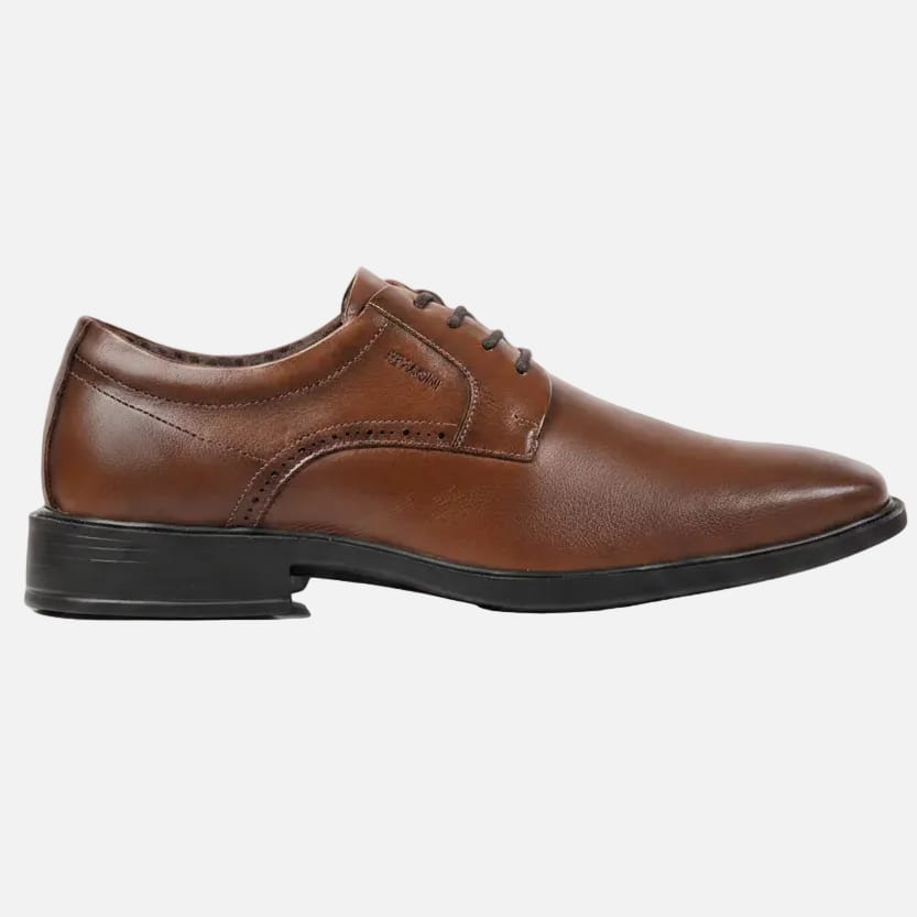 Brown leather dress shoe on a white background