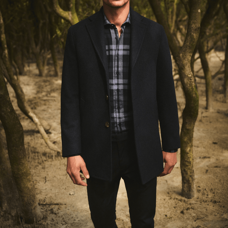 Flinders Mens Tailored Winter Thredbo Overcoat in Dark Navy Wool Blend