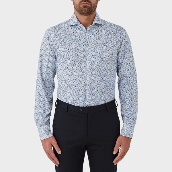 Flinders Mens Tailored Fit Winton Shirt in Blue Leaf and Floral Print