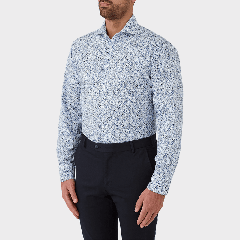 Flinders Mens Tailored Fit Winton Shirt in Blue Leaf and Floral Print