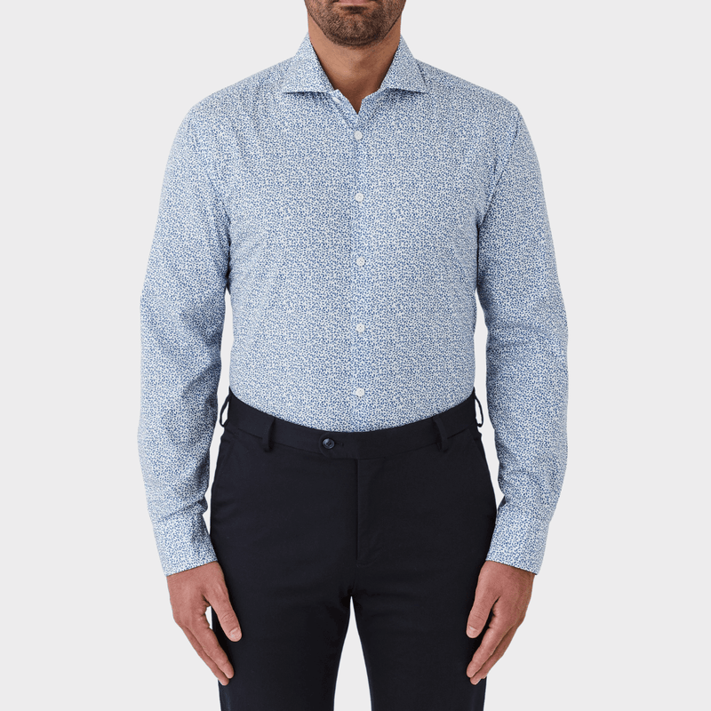 Flinders Mens Tailored Fit Winton Shirt in Blue Leaf Print