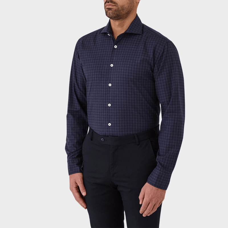 Flinders Mens Tailored Fit Winton Shirt in Navy Check Melange Denim