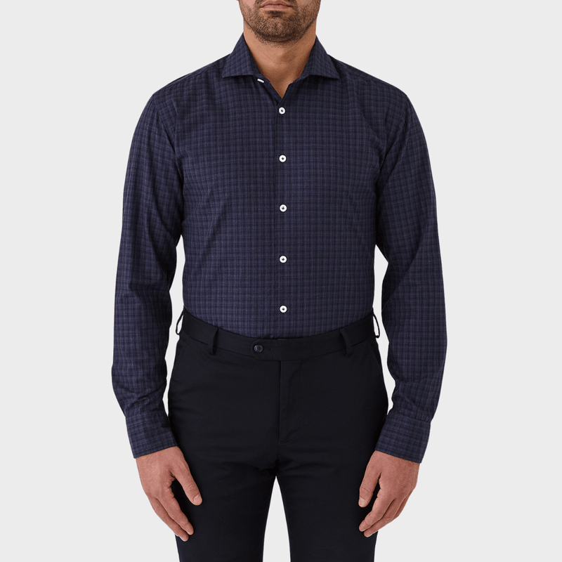 Flinders Mens Tailored Fit Winton Shirt in Navy Check Melange Denim