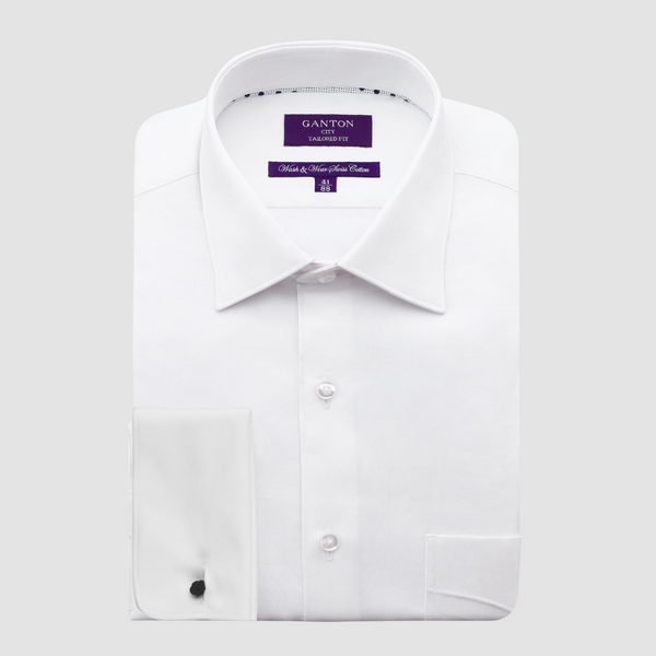 Ganton Tailored Fit Swanson Fine Twill Mens French Cuff Shirt in White