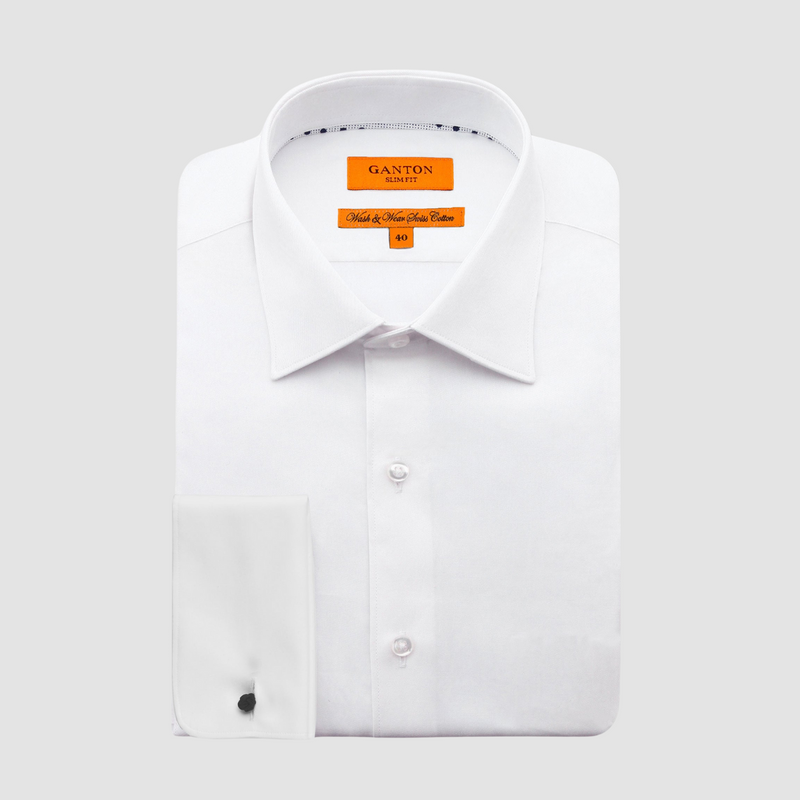 Ganton Slim Fit Will Fine Twill Mens French Cuff Shirt in White