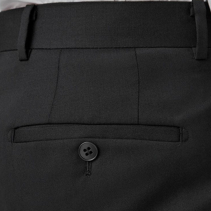 Close-up of black pants with a button on a white background