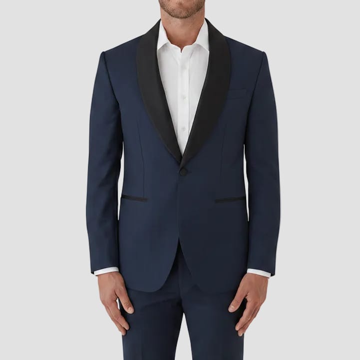Gibson’s Astley navy tuxedo pairs a satin shawl lapel with slim trousers.