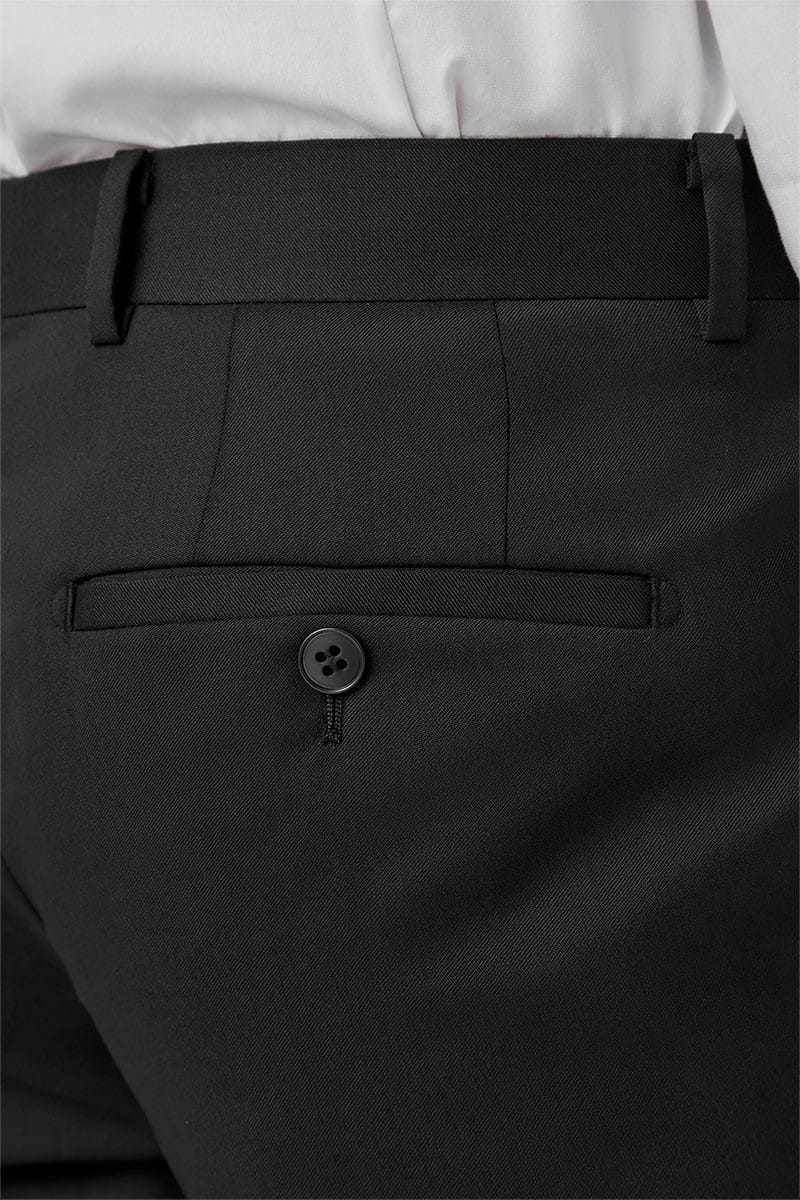 Close-up of black pants with a button on a white background