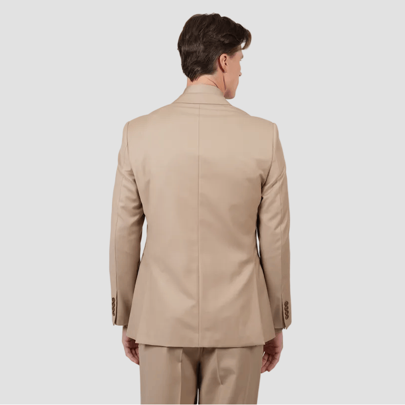 Camel wool blend double-breasted suit by Hardy Amies.