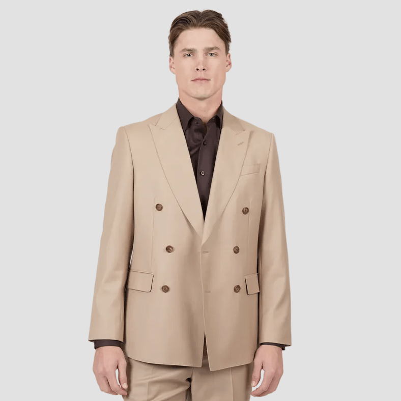 Camel wool blend double-breasted suit by Hardy Amies.