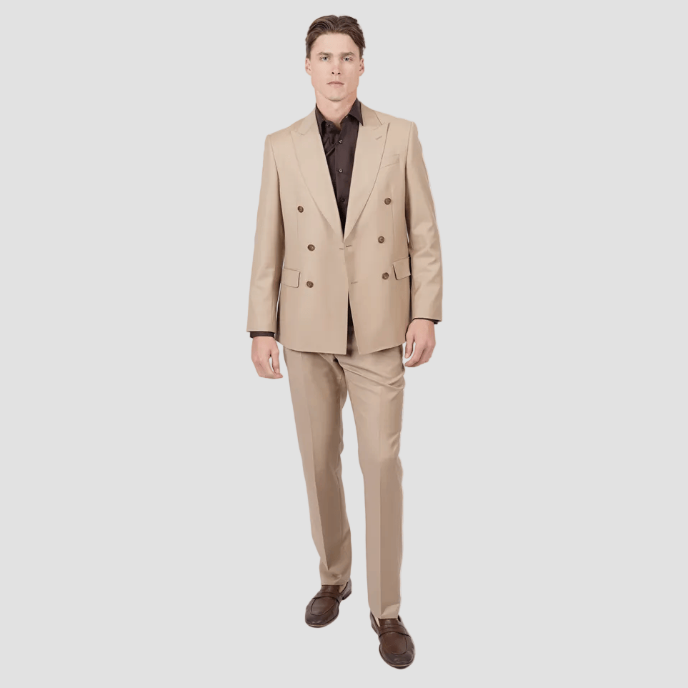 Camel wool blend double-breasted suit by Hardy Amies.