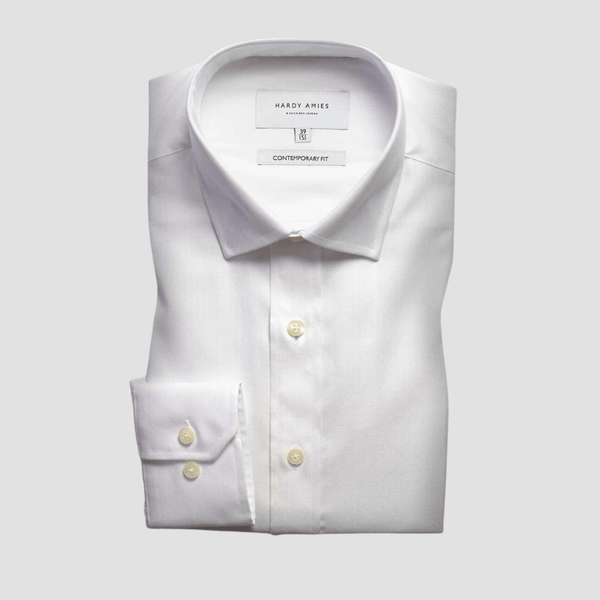 Hardy Amies Classic Fit Mens Herringbone Shirt in White Pure Cotton