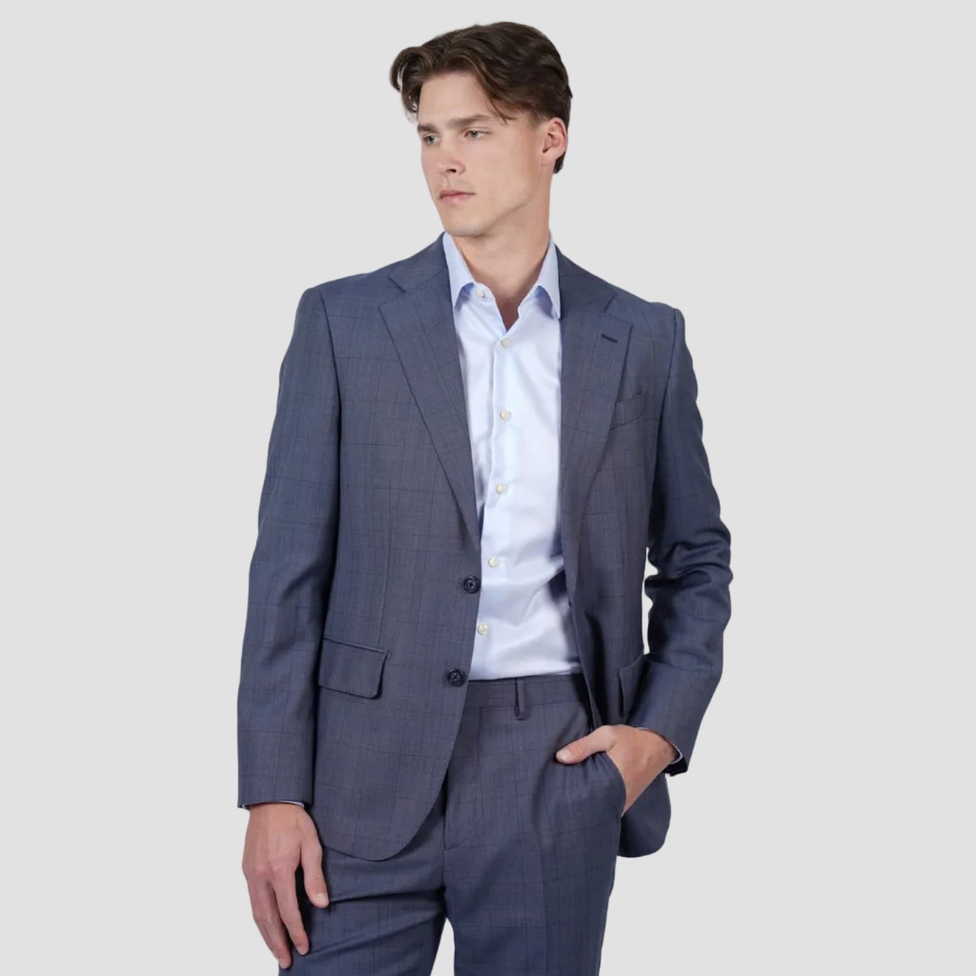 A refined navy Brinsley Check Suit by Hardy Amies