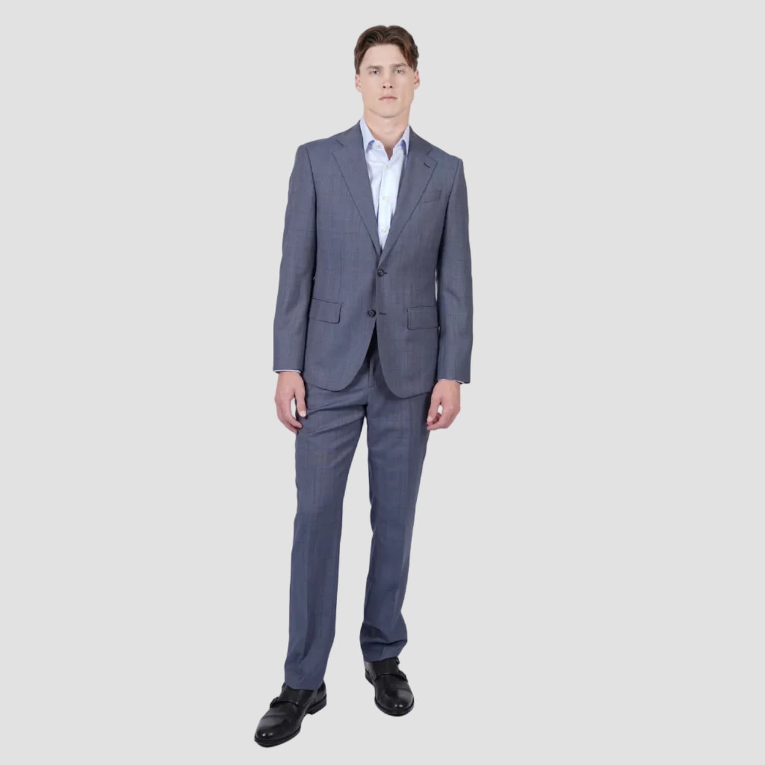 A refined navy Brinsley Check Suit by Hardy Amies