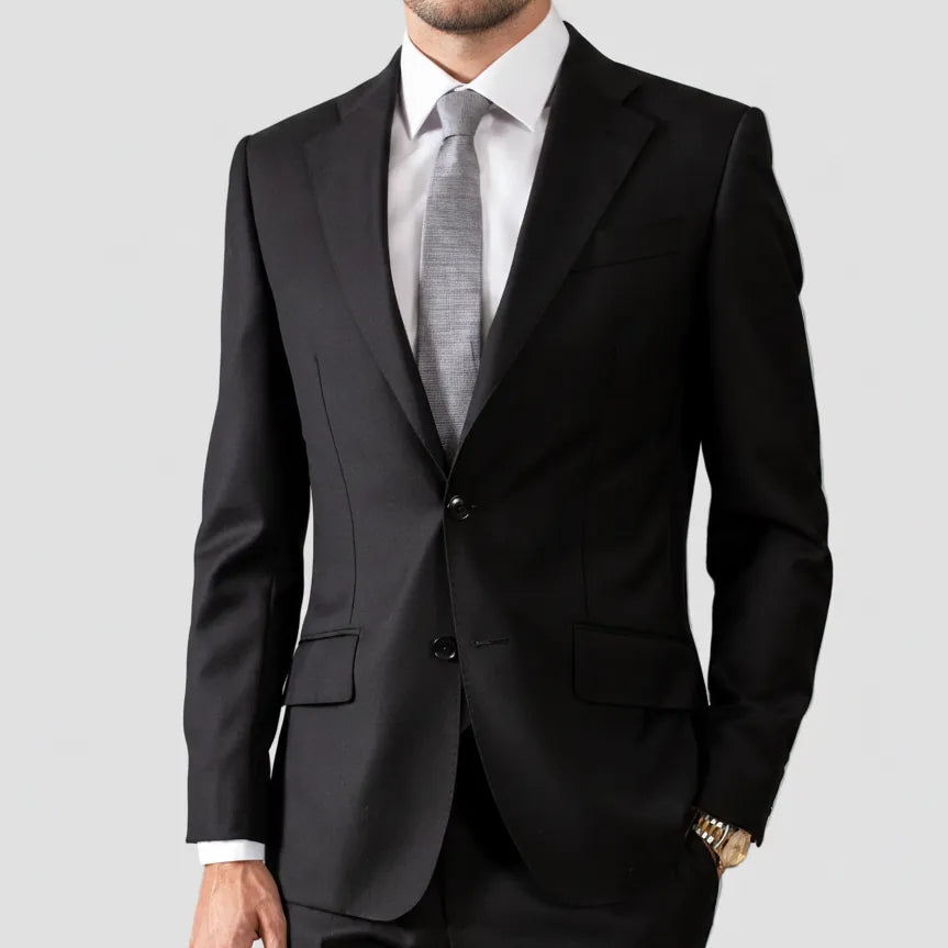 Hardy Amies Tailored Fit Black Suit—classic single‑breasted silhouette in fine wool blend.