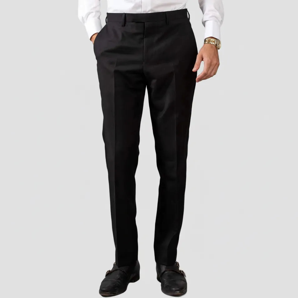 Hardy Amies Tailored Fit Black Suit Pants—classic silhouette in fine wool blend.