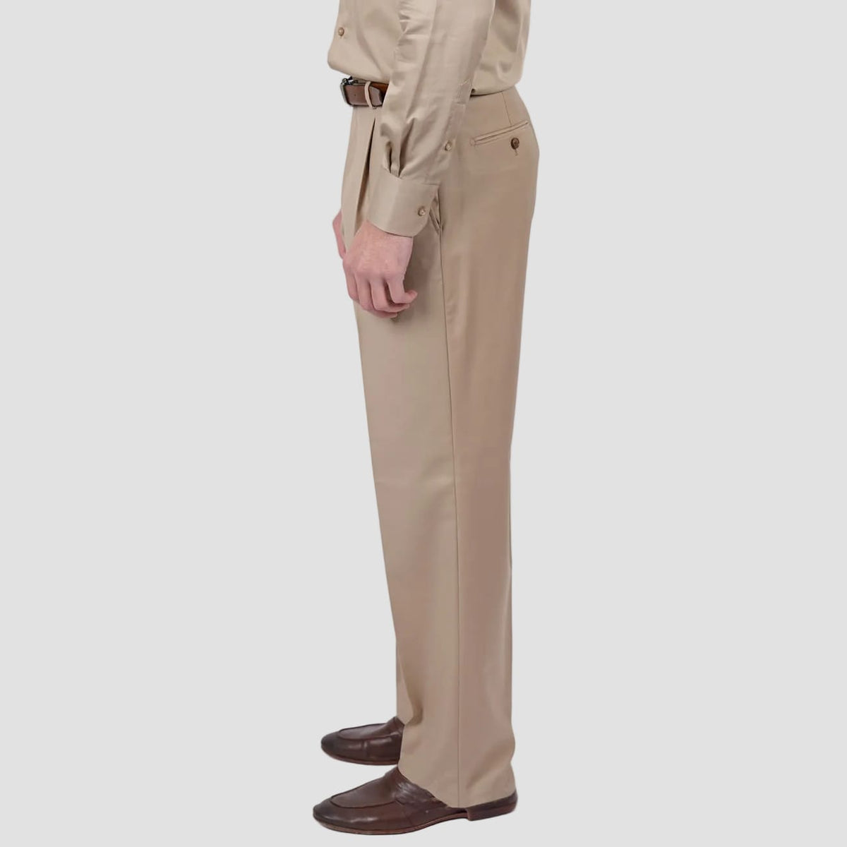 Camel wool blend wide leg trouser by Hardy Amies.